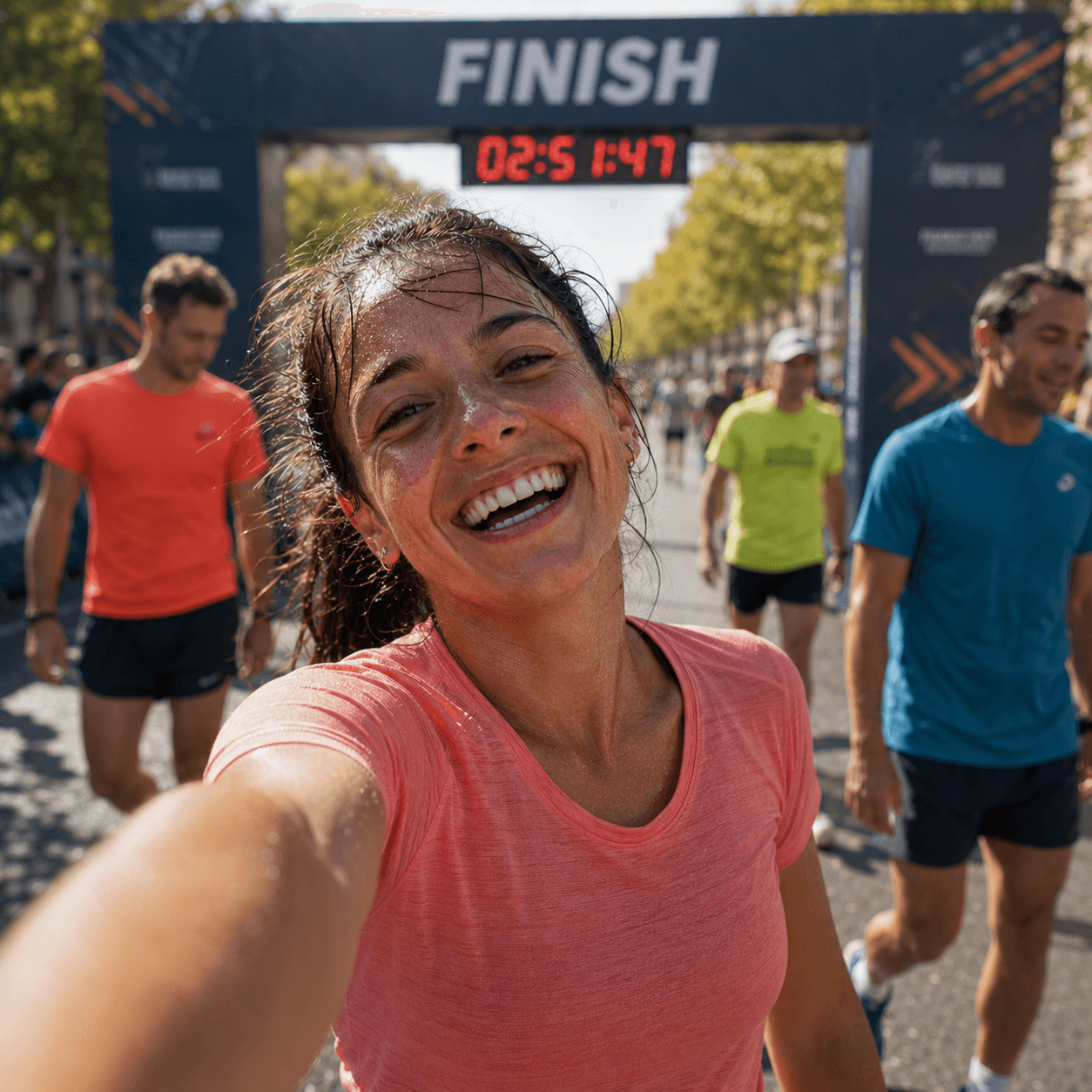 Runner smiling after crossing the finish line